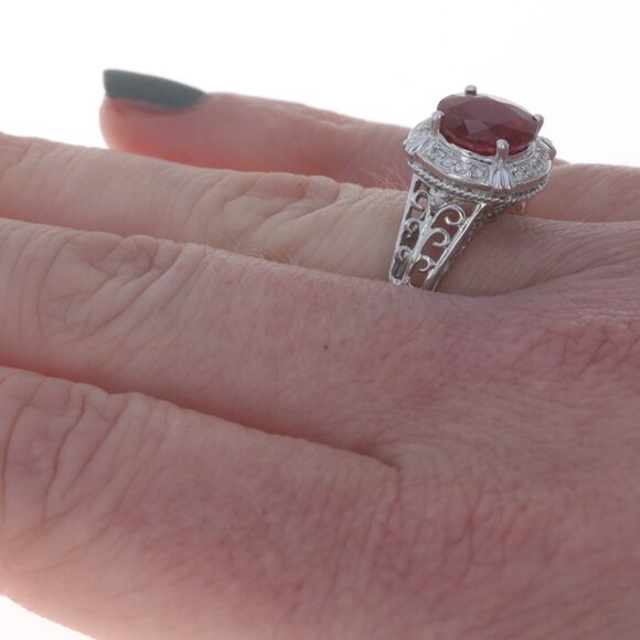 White Gold Ruby Diamond Halo Ring - 10k Round 4.62ctw - Picture 4 of 7